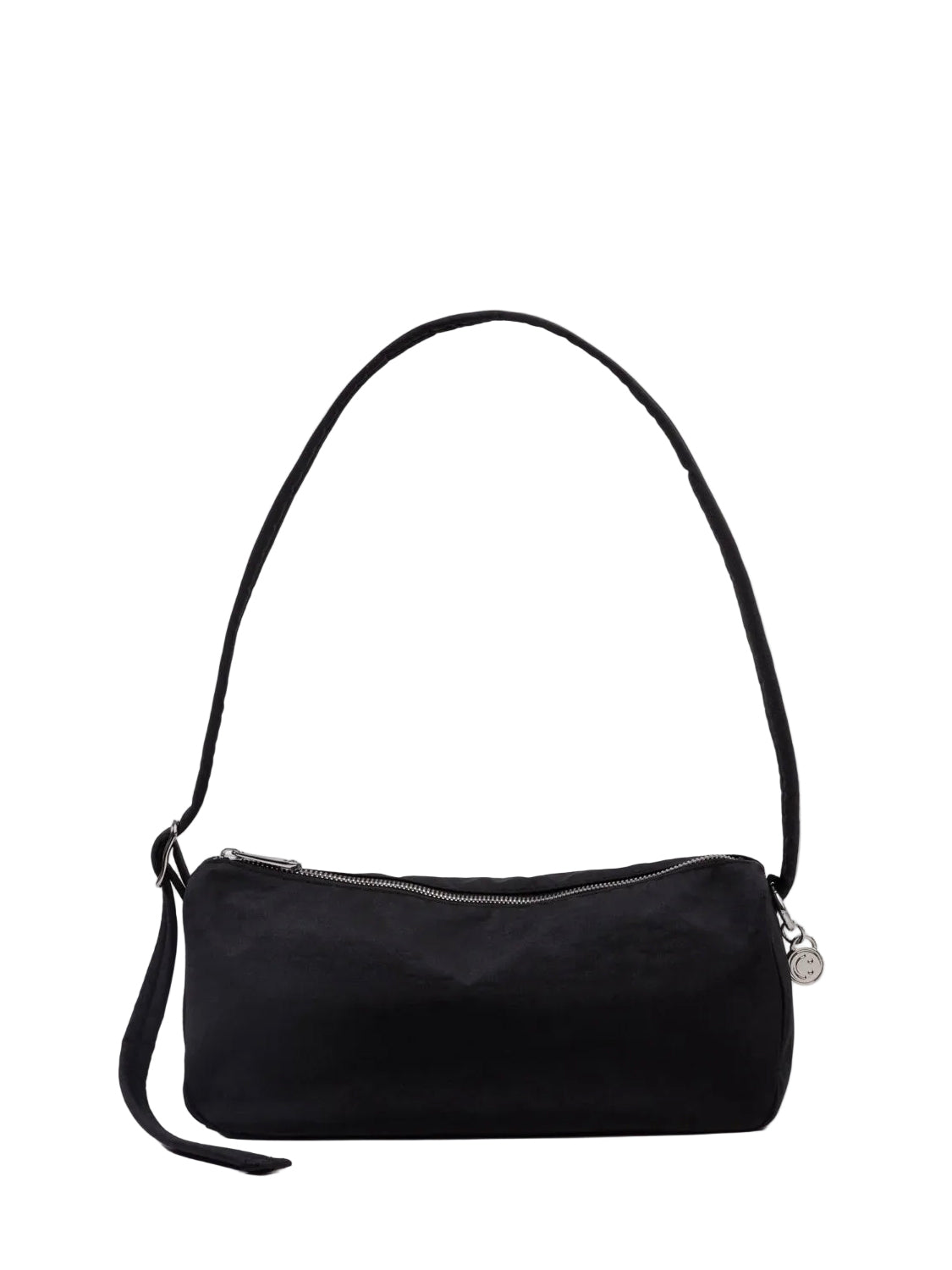 Black handbag with a strap on a white background