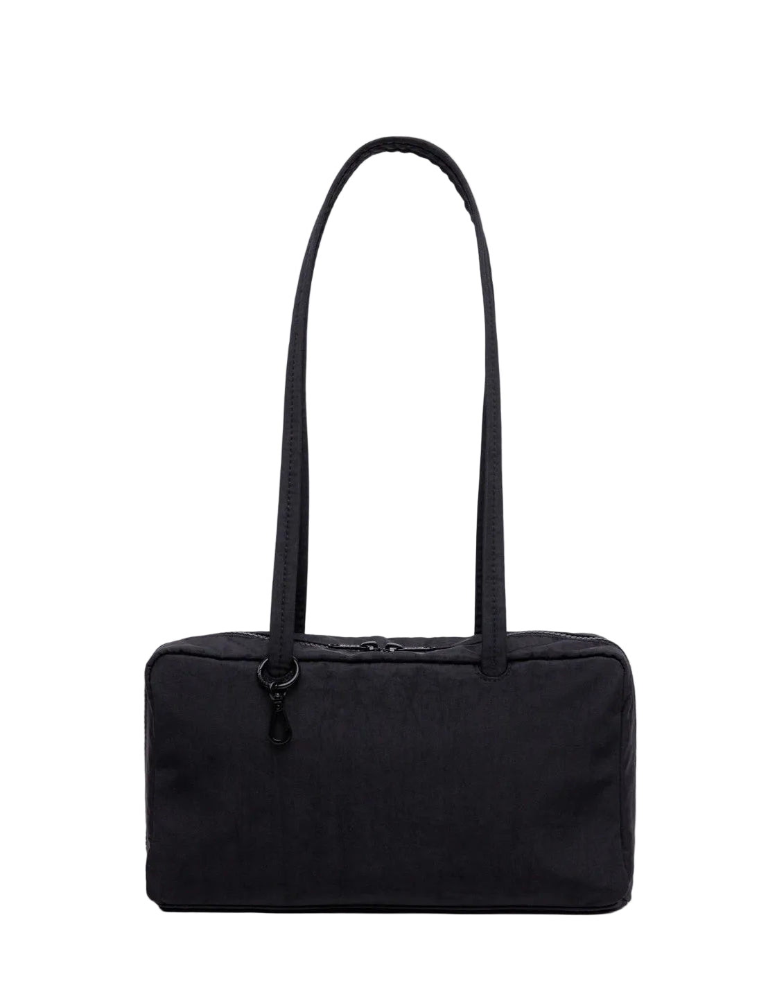 Black handbag with a strap on a light gray background