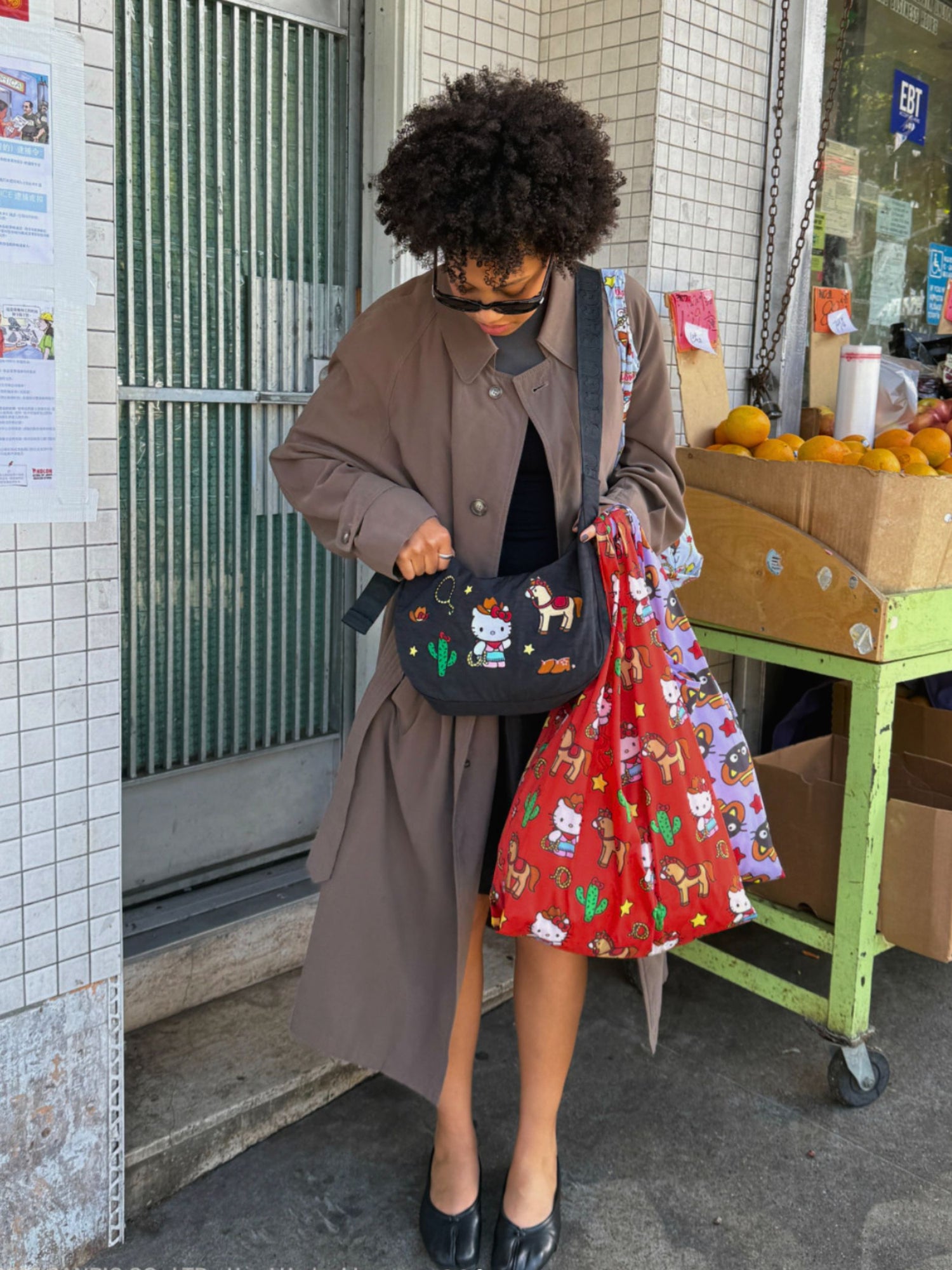 Medium Nylon Crescent Bag, embroidered Hello Kitty Western