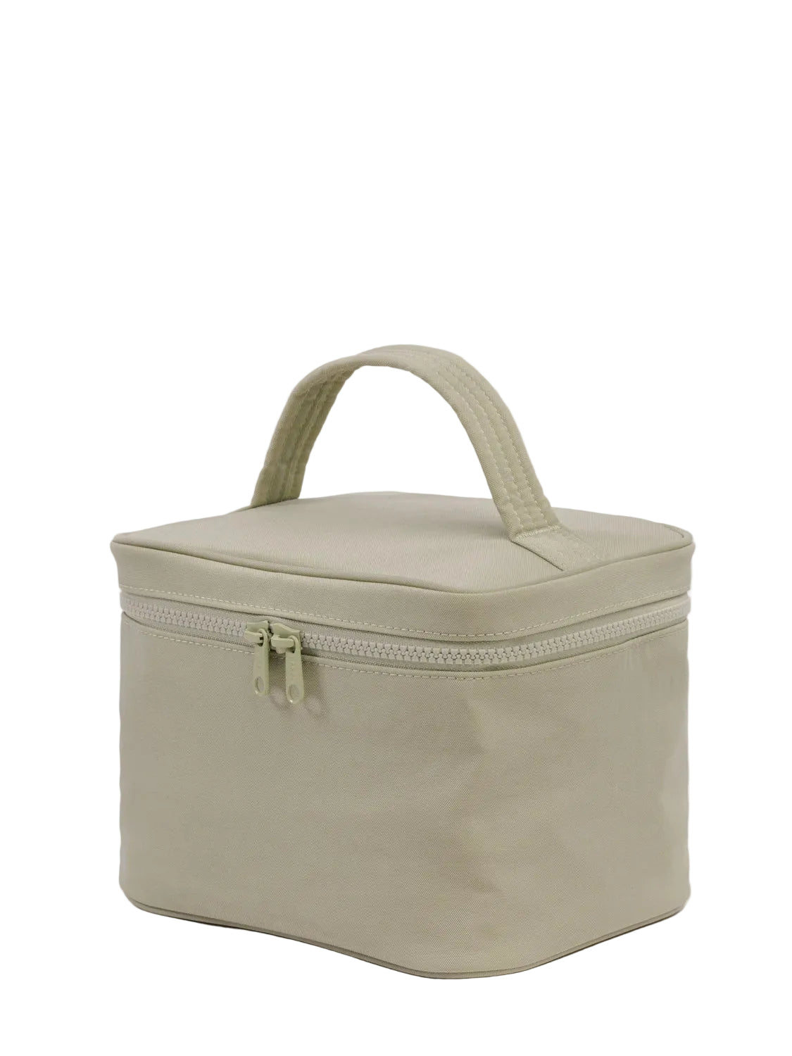 Baggu's light green cosmetic bag with a handle on a white background