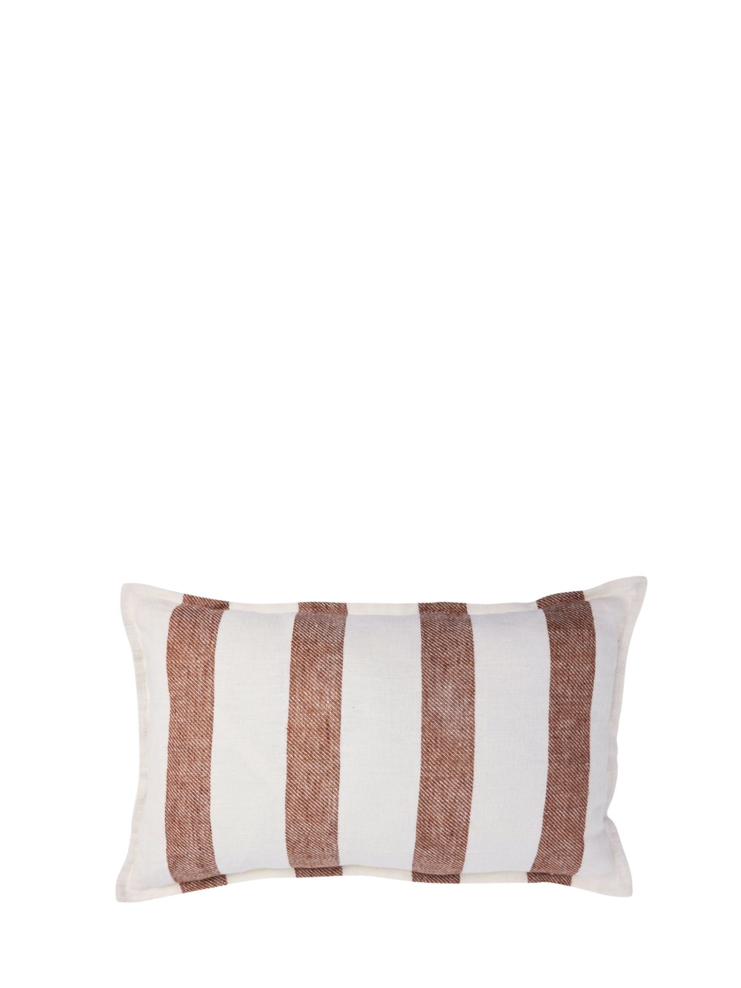 Striped pillow with brown and white stripes on a white background
