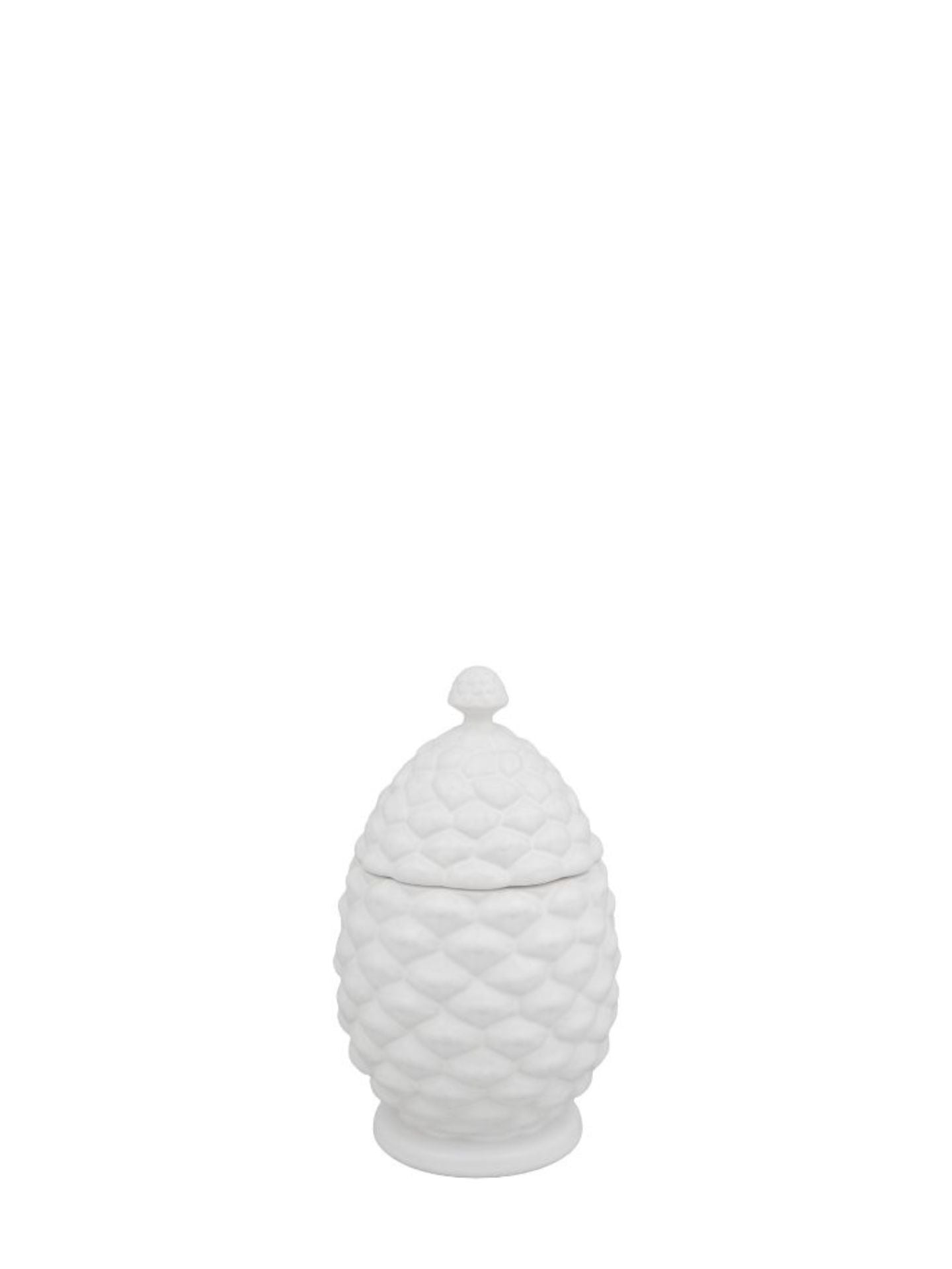 White textured jar with lid on a white background
