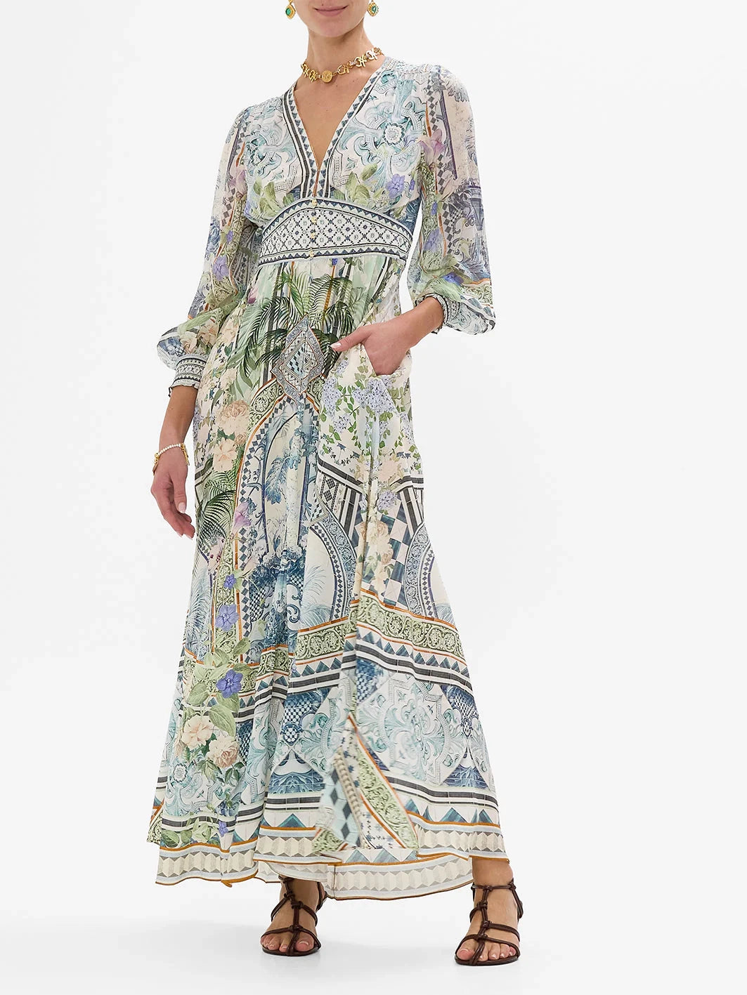Button silk dress with shaped waistband, jardim party print