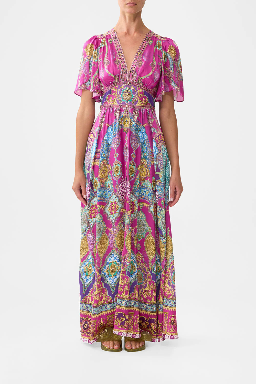 Shaped waistband dress with flutter sleeves