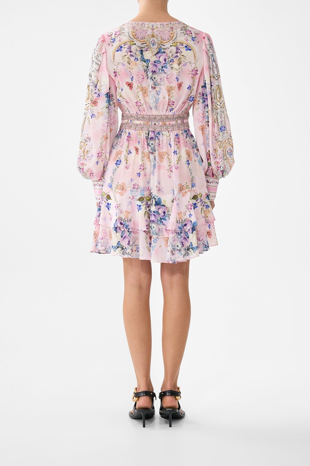 Button front frill silk dress, palatial pastels print