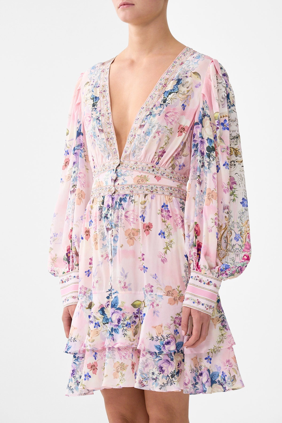 Button front frill silk dress, palatial pastels print