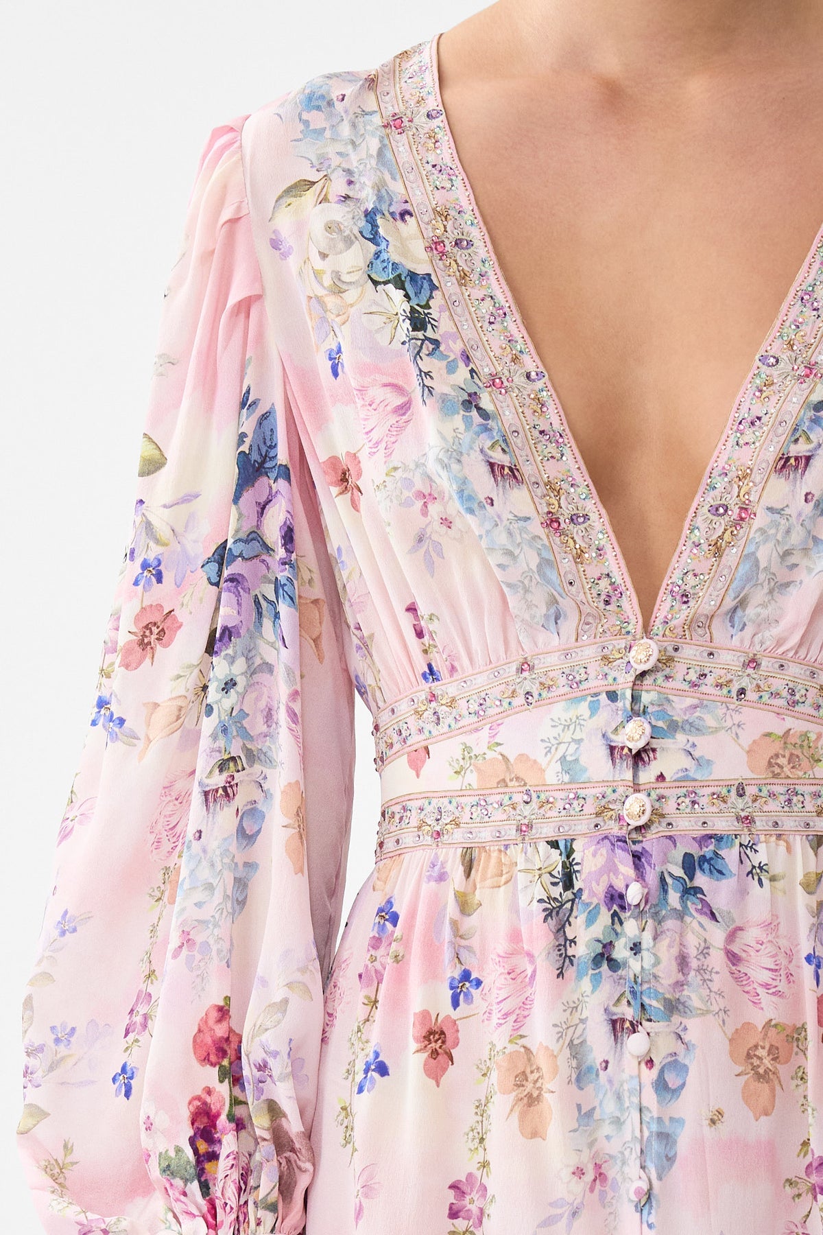 Button front frill silk dress, palatial pastels print