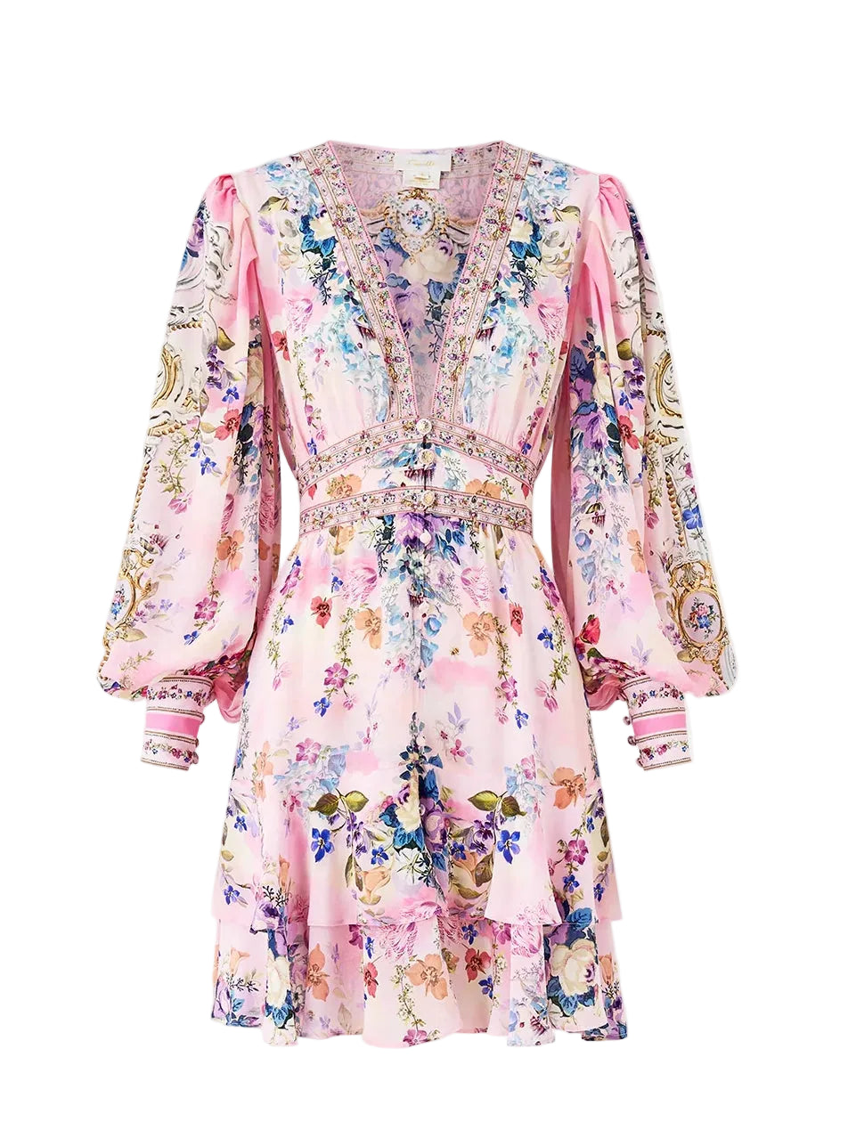 Button front frill silk dress, palatial pastels print
