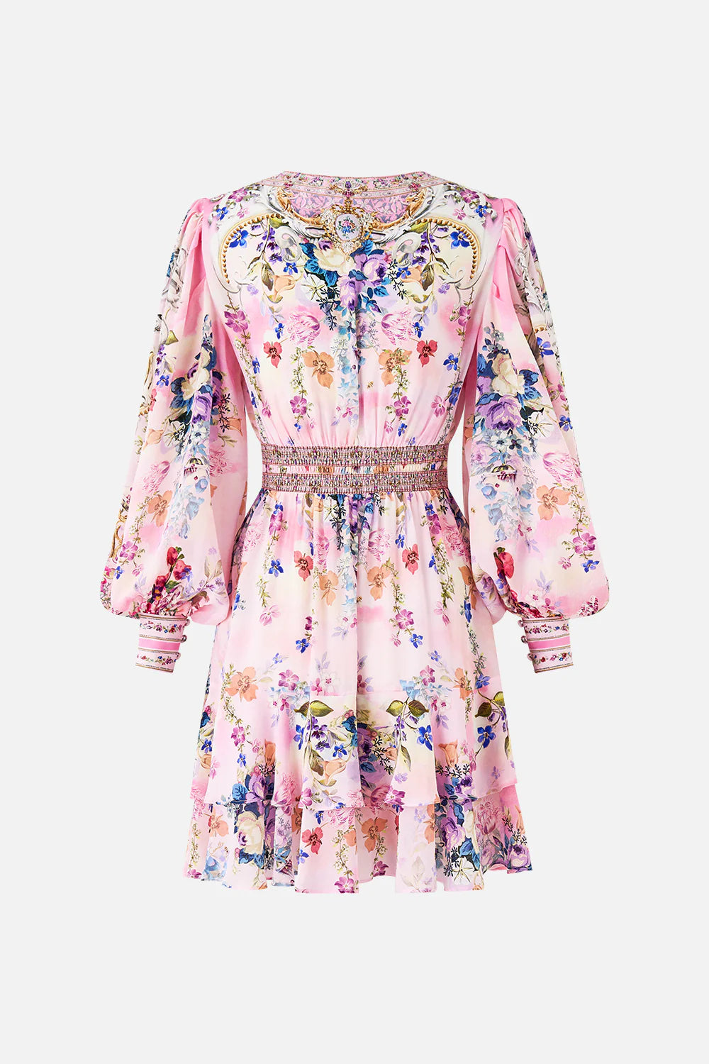 Button front frill silk dress, palatial pastels print