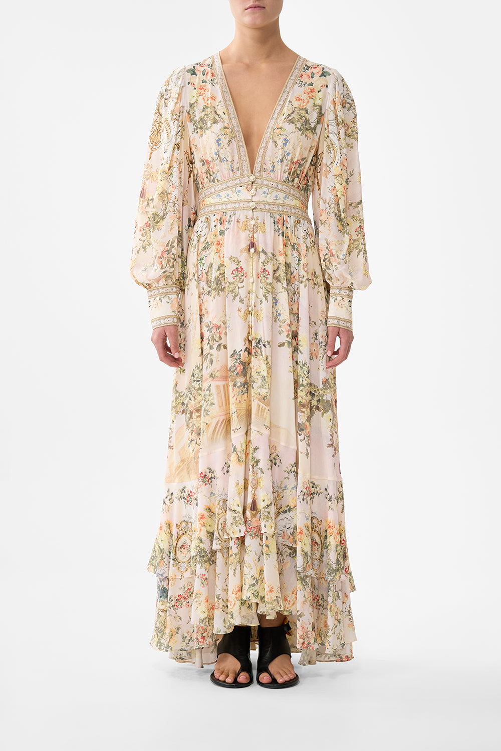 Long button front dress, peach floral
