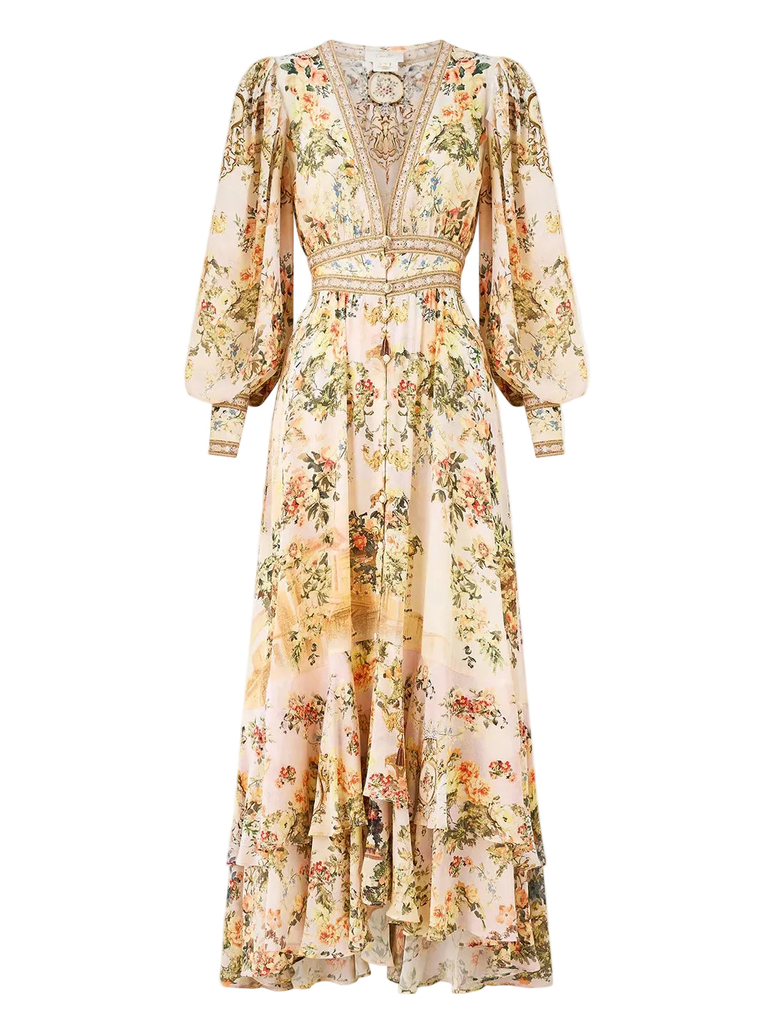 Long button front dress, peach floral