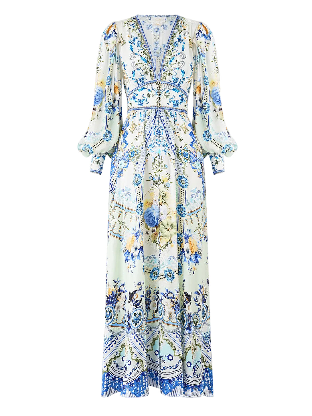 Long-sleeve dress with a floral and paisley pattern on a white background