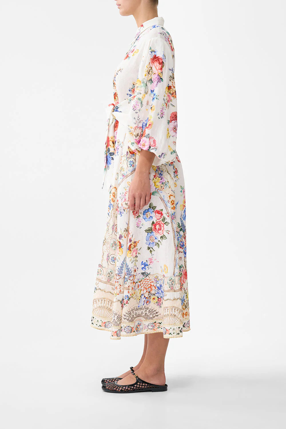 Waist tie dress with bubble sleeve, white-multicolour