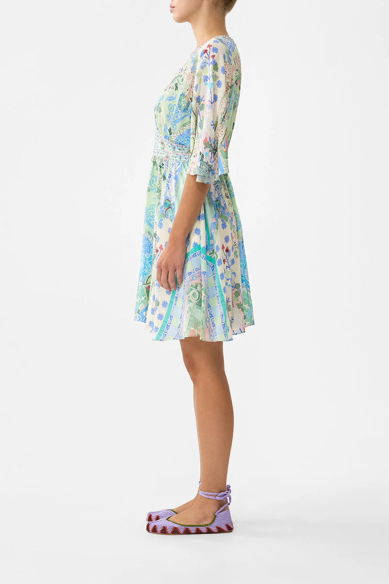 Midsummer mosaics short waisted dress, green-turquoise print