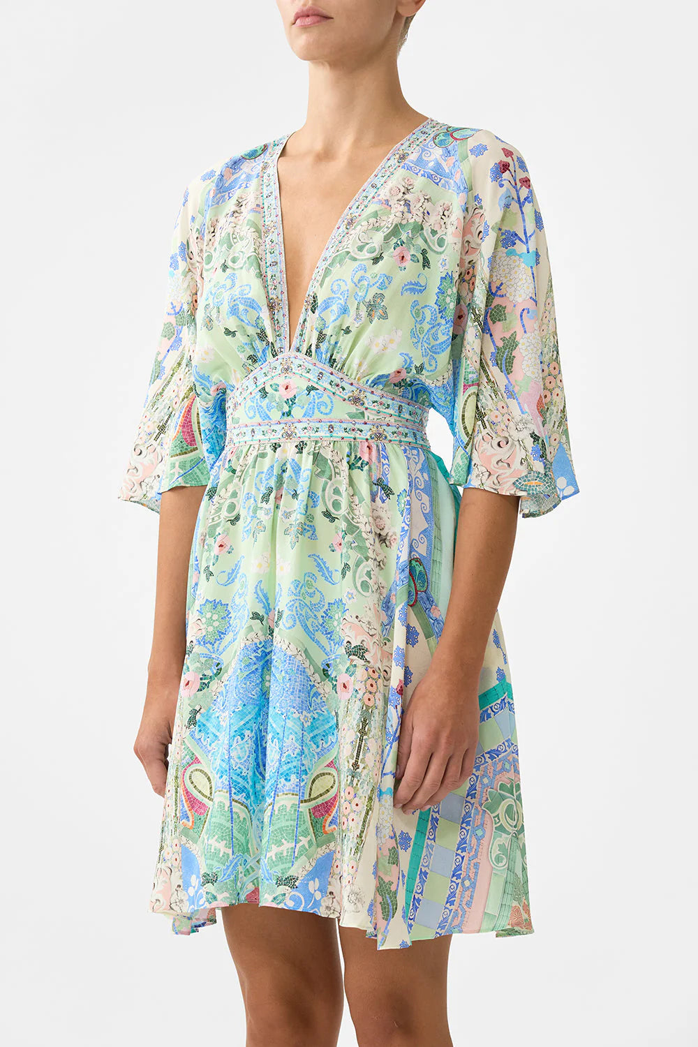 Midsummer mosaics short waisted dress, green-turquoise print