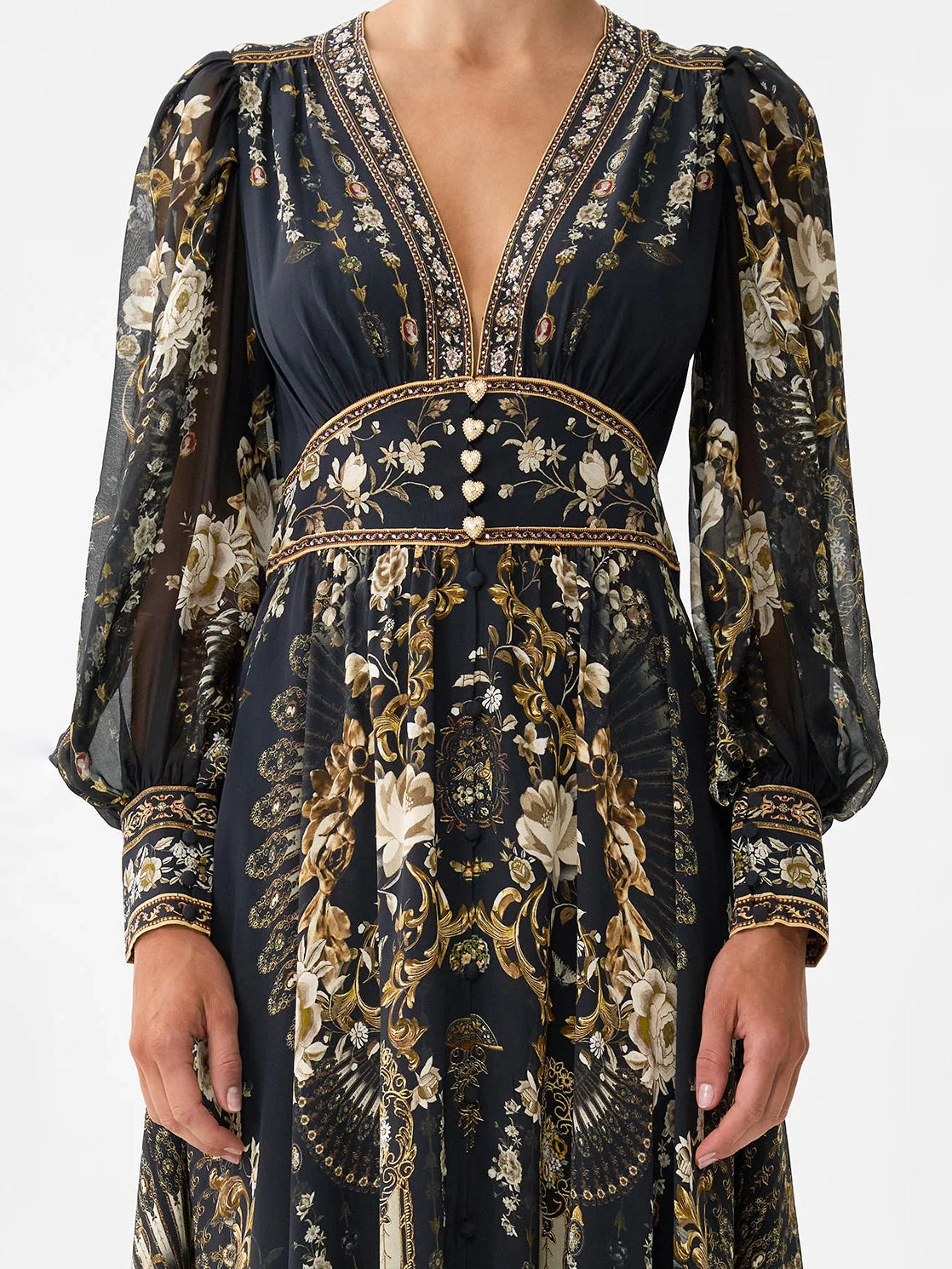 Shaped waistband dress with gathered sleeves, black