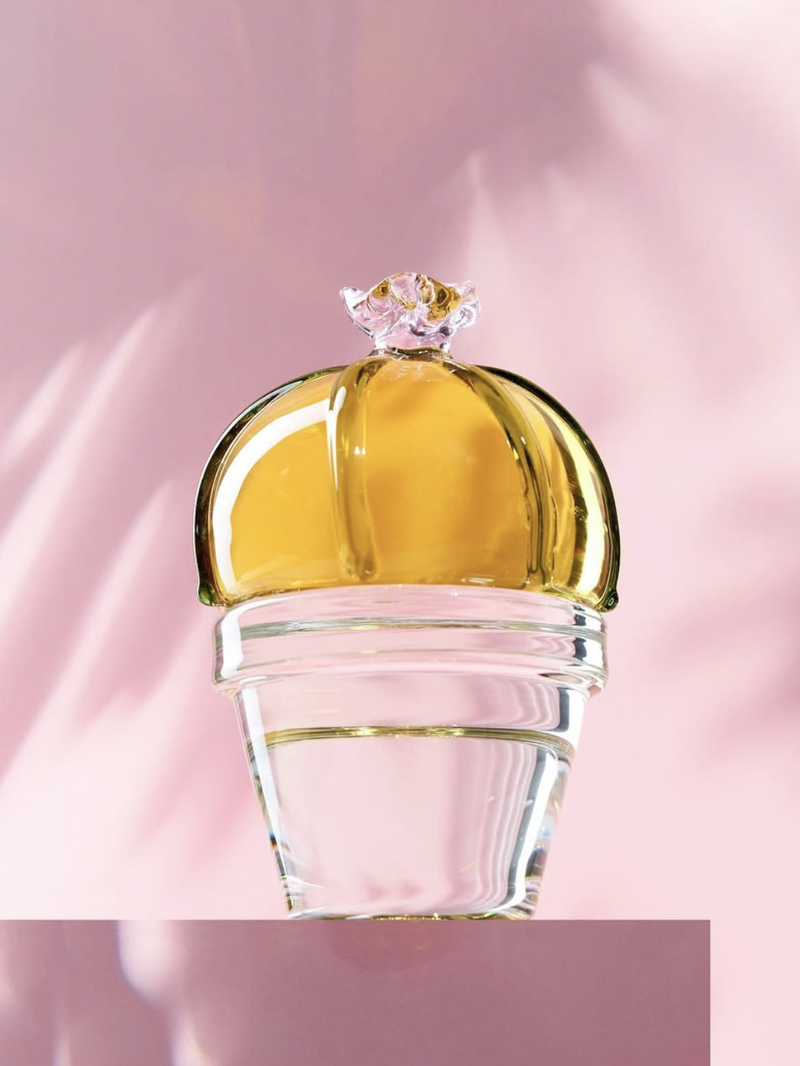 Cactus glass paperweight the yellow cactus w/pink flower, Desert Plants Collection