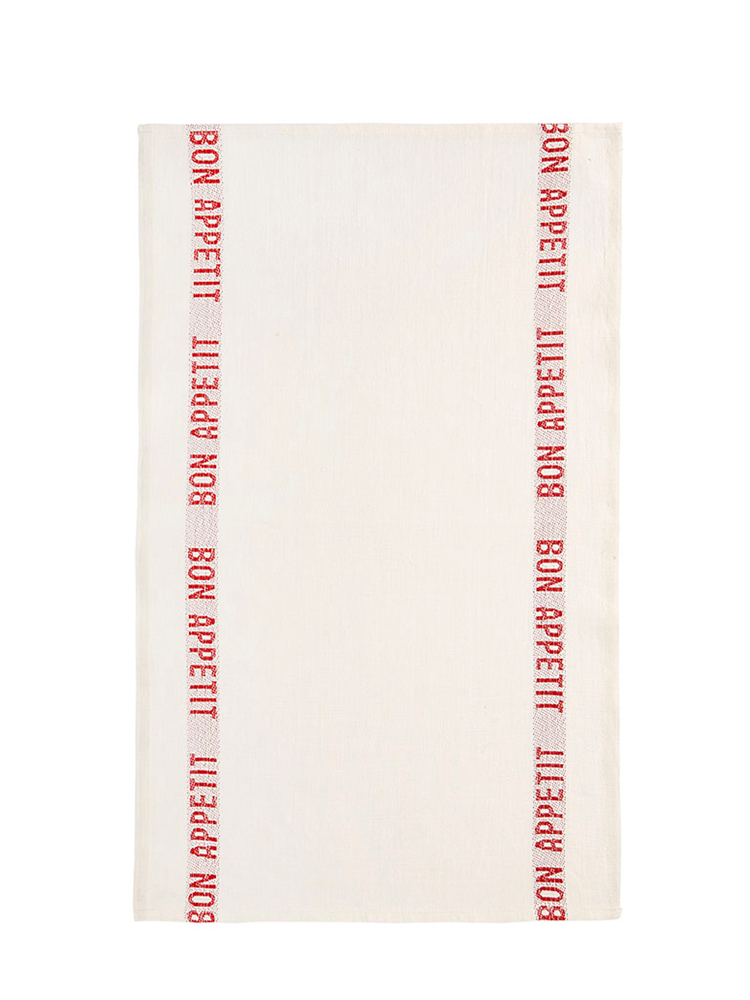 Linen kitchen towel in white and red is a French classic.