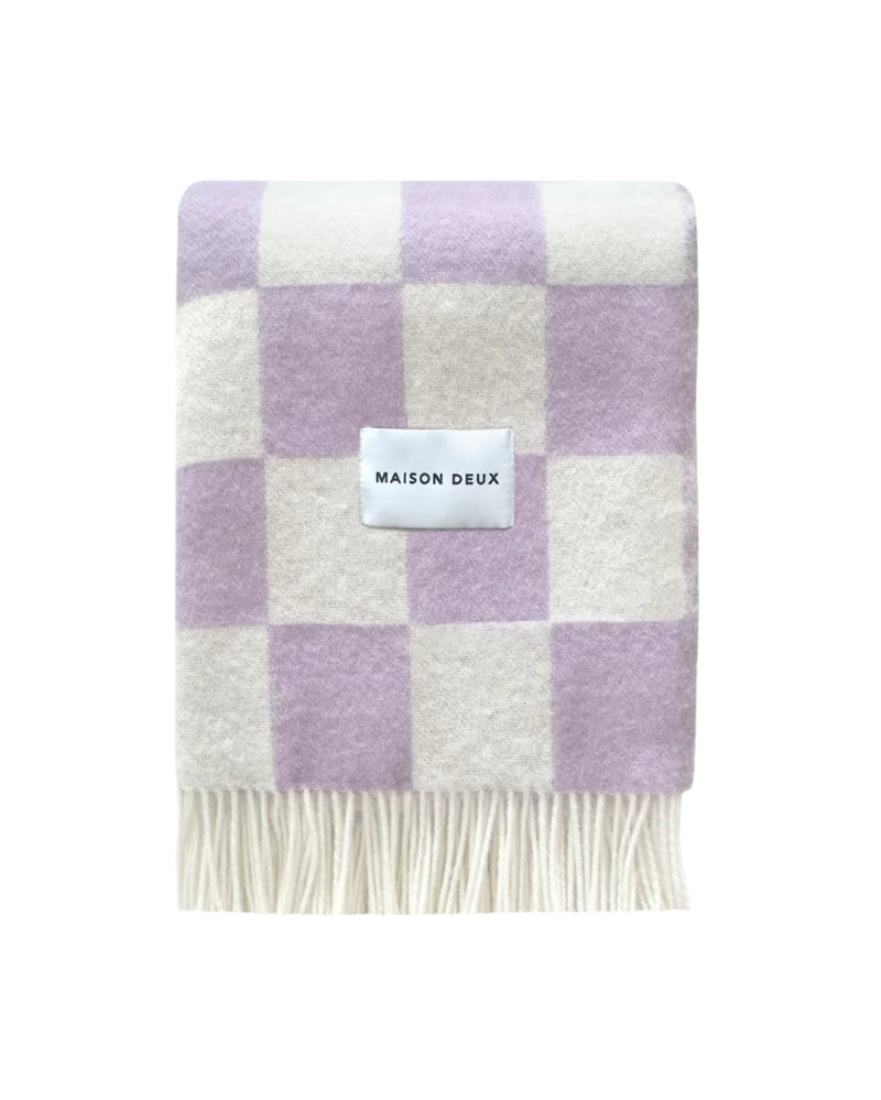 Checkerboard wool blanket, lilac-white