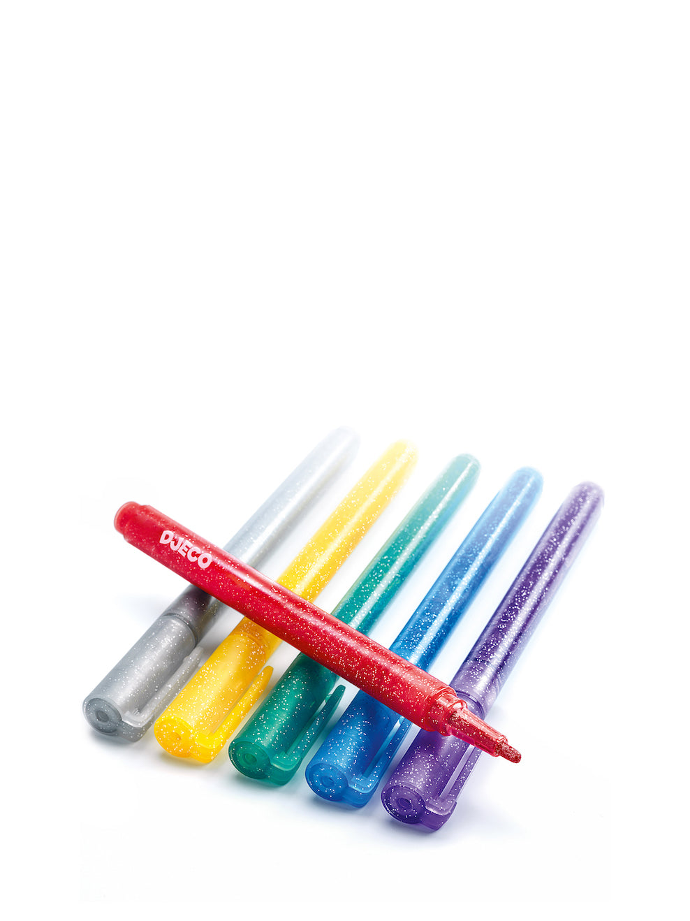 6 glitter markers: silver, yellow, green, blue, purple and red