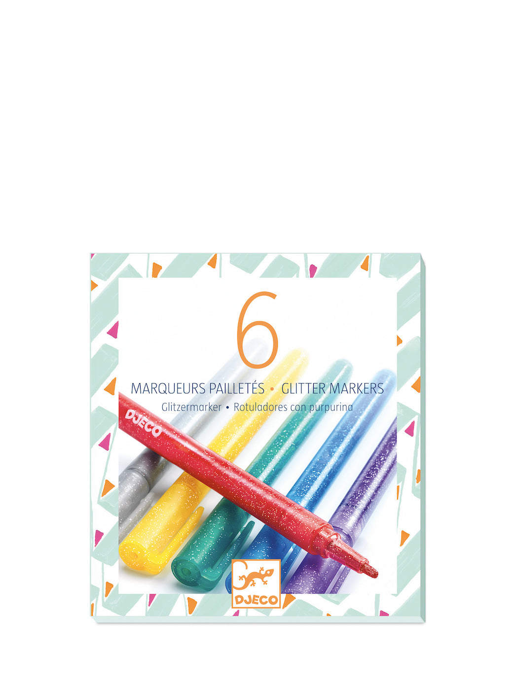 6 glitter markers: silver, yellow, green, blue, purple and red