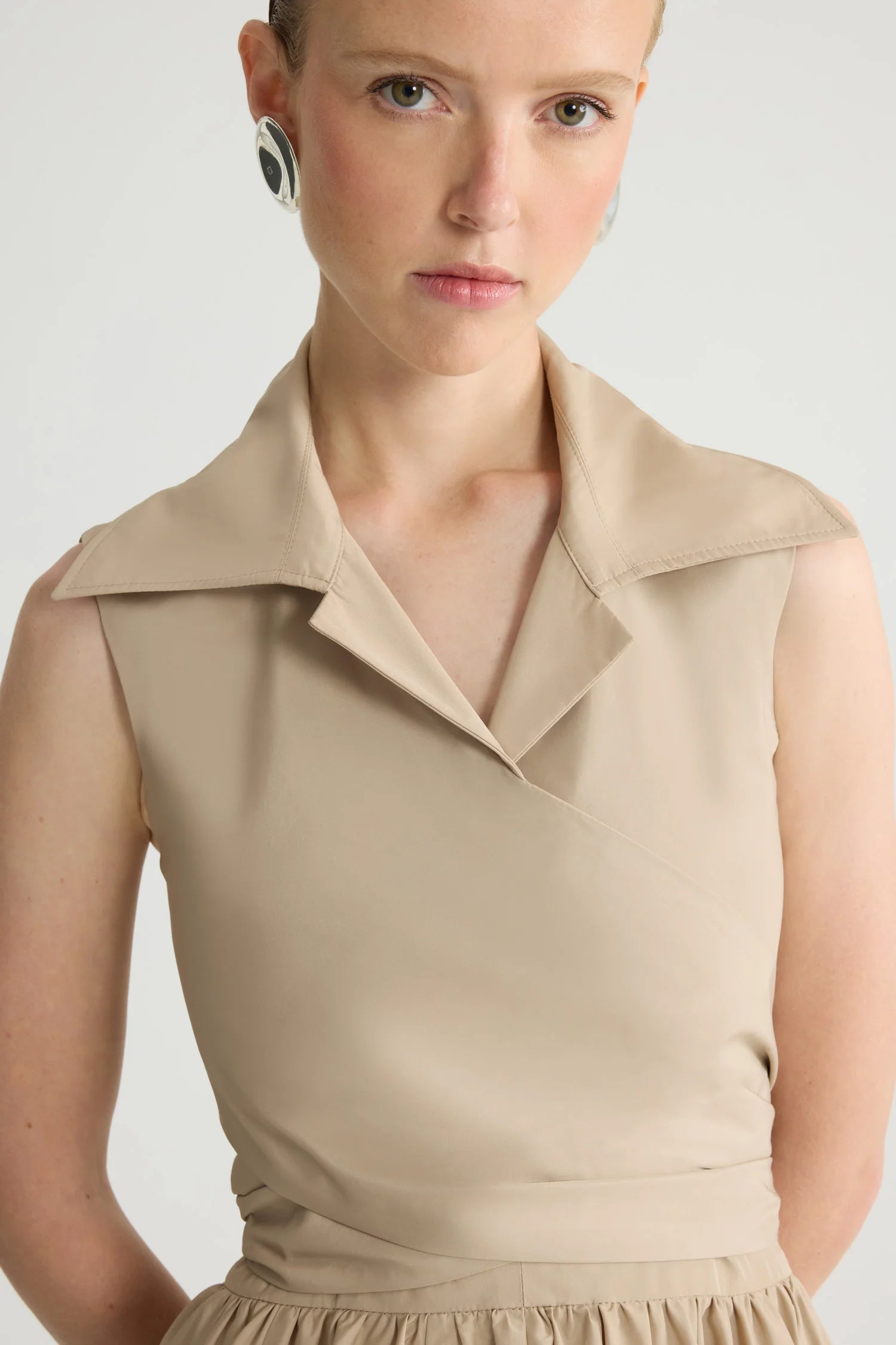 Draped sleeveless midi dress, beige