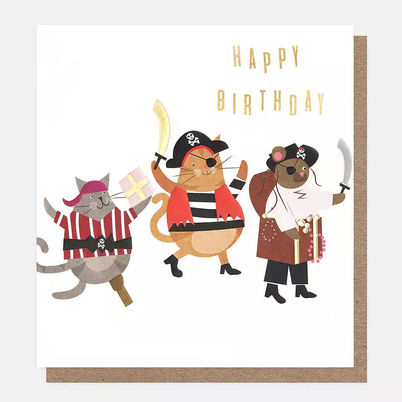 Birthday card with cartoon pirates including a cat, dog, and bear on a white background.