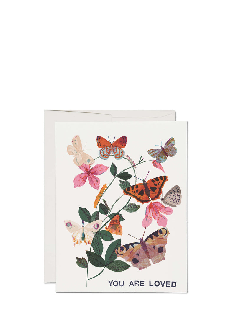 Greeting card with an illustration of different colourful butterflies scattered among pink flowers with green leaves and delicate stems, with the text 'YOU ARE LOVED' at the bottom, and a white envelope at the back