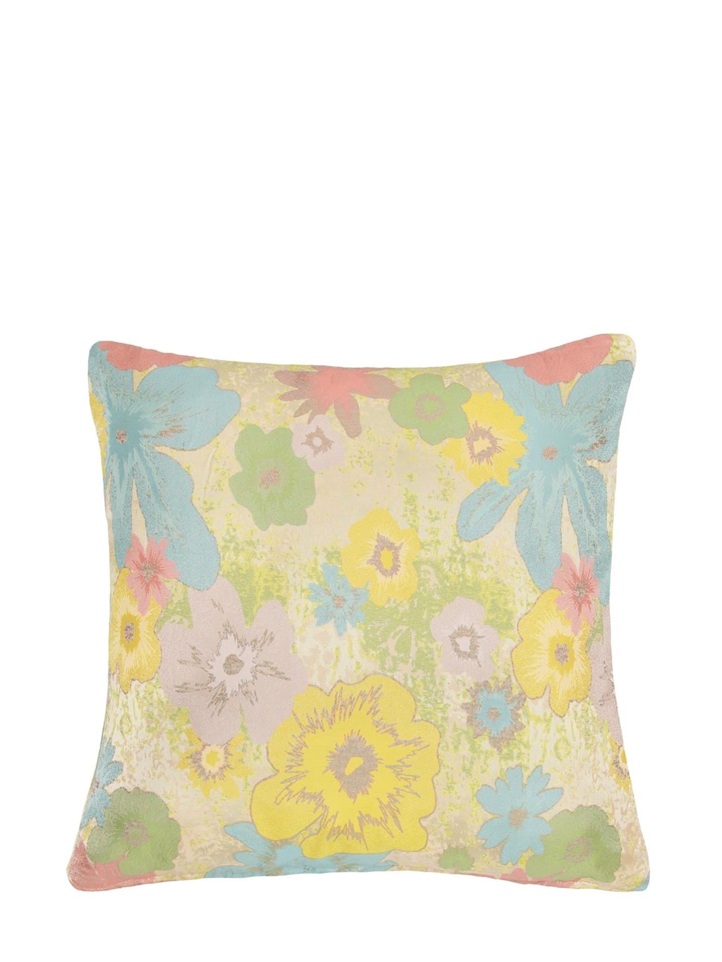 Yellow, turquoise and pink floral cushion