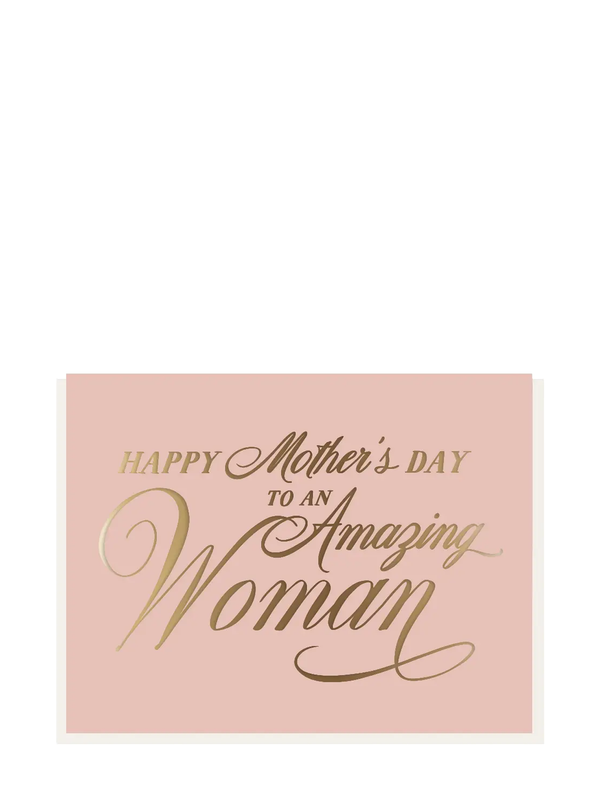 A pink Mother's Day greeting card with golden lettering that reads 'Happy Mother's Day to an Amazing Woman'.