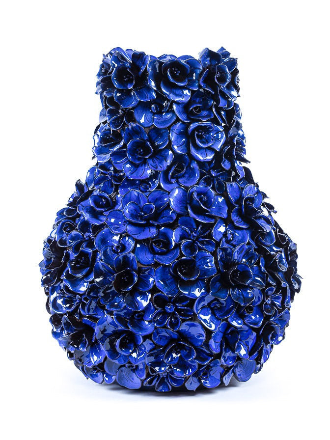 Vase deco with flowers, blue (h49cm)