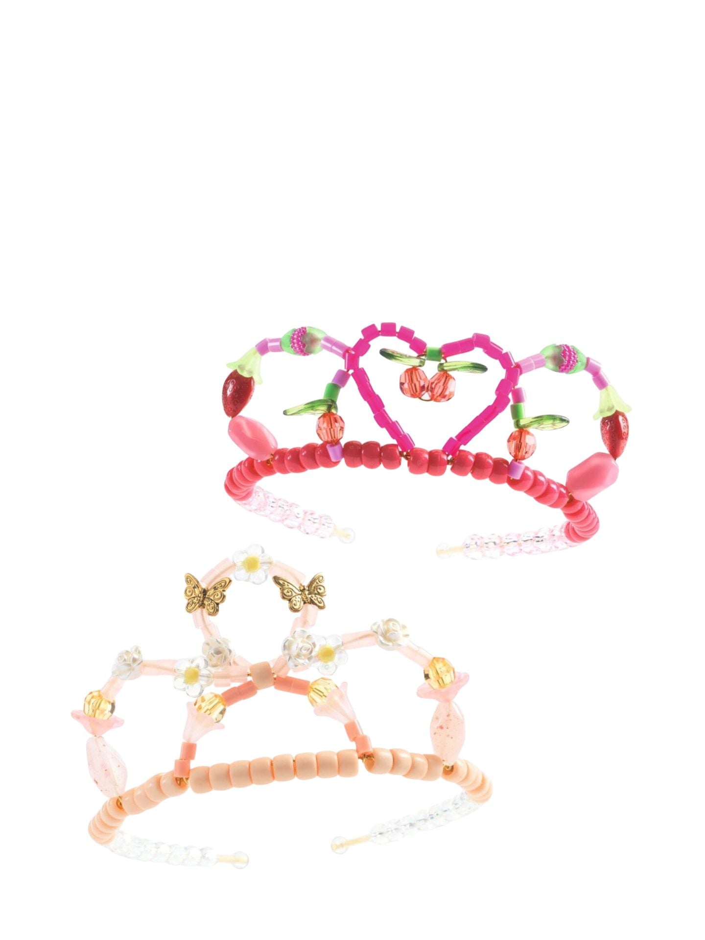Two beaded crowns, one pink and one peach-colored, on a white background.