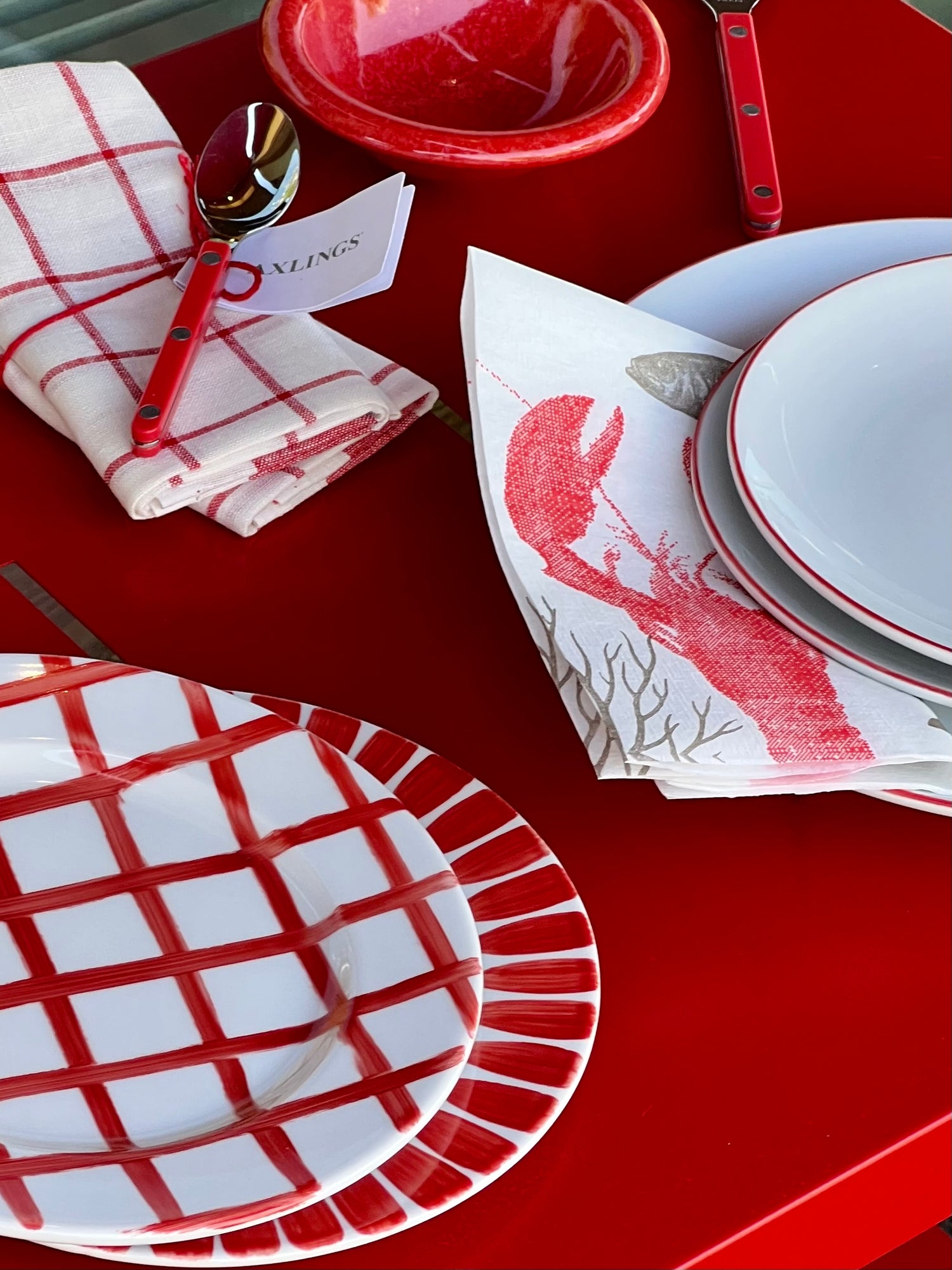 Red dessert plate with handpainted border