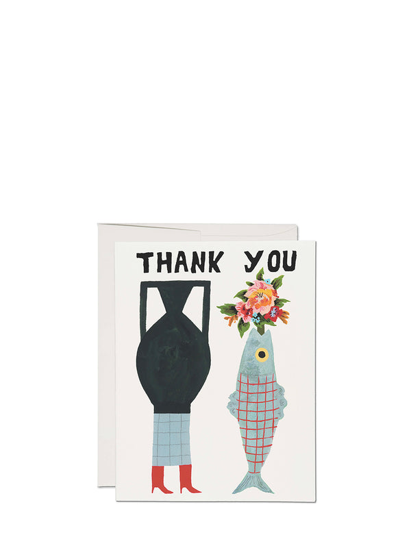 Greeting card with a fish holding flowers and text 'Thank You' on a white background