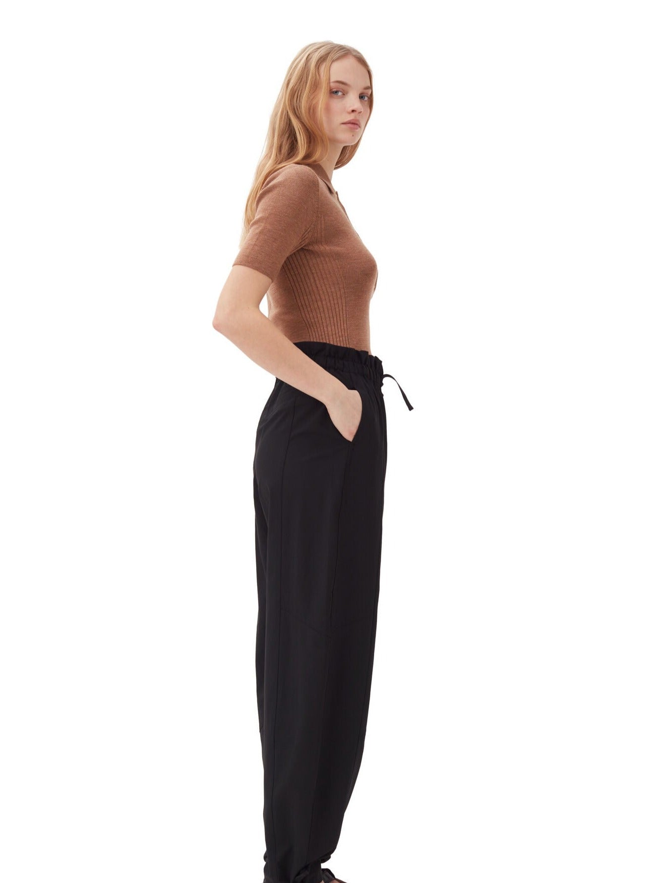 Drapey Melange Elasticated Waist Pants, black