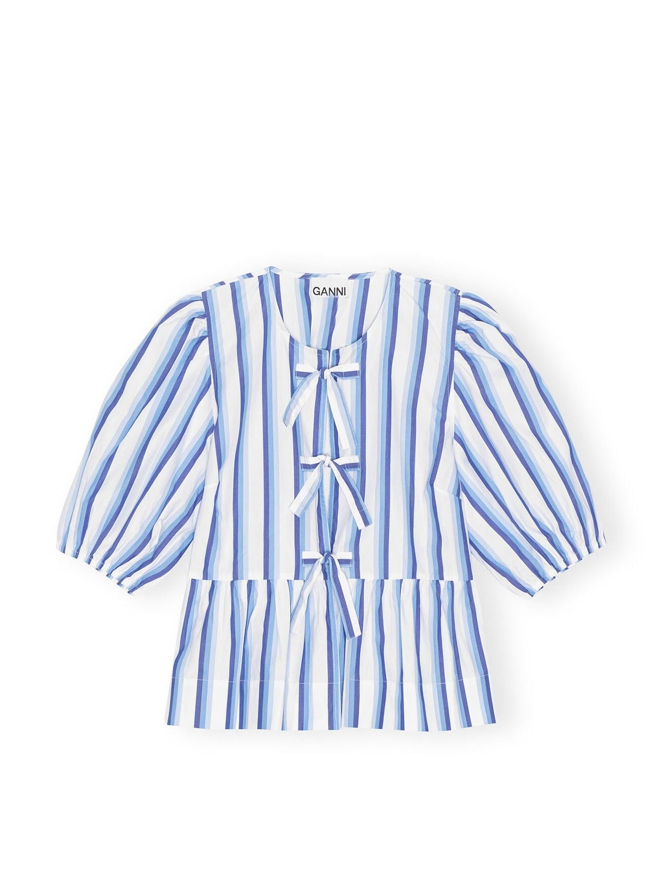 Stripe Cotton Peplum Puff Sleeve Blouse, blue-white