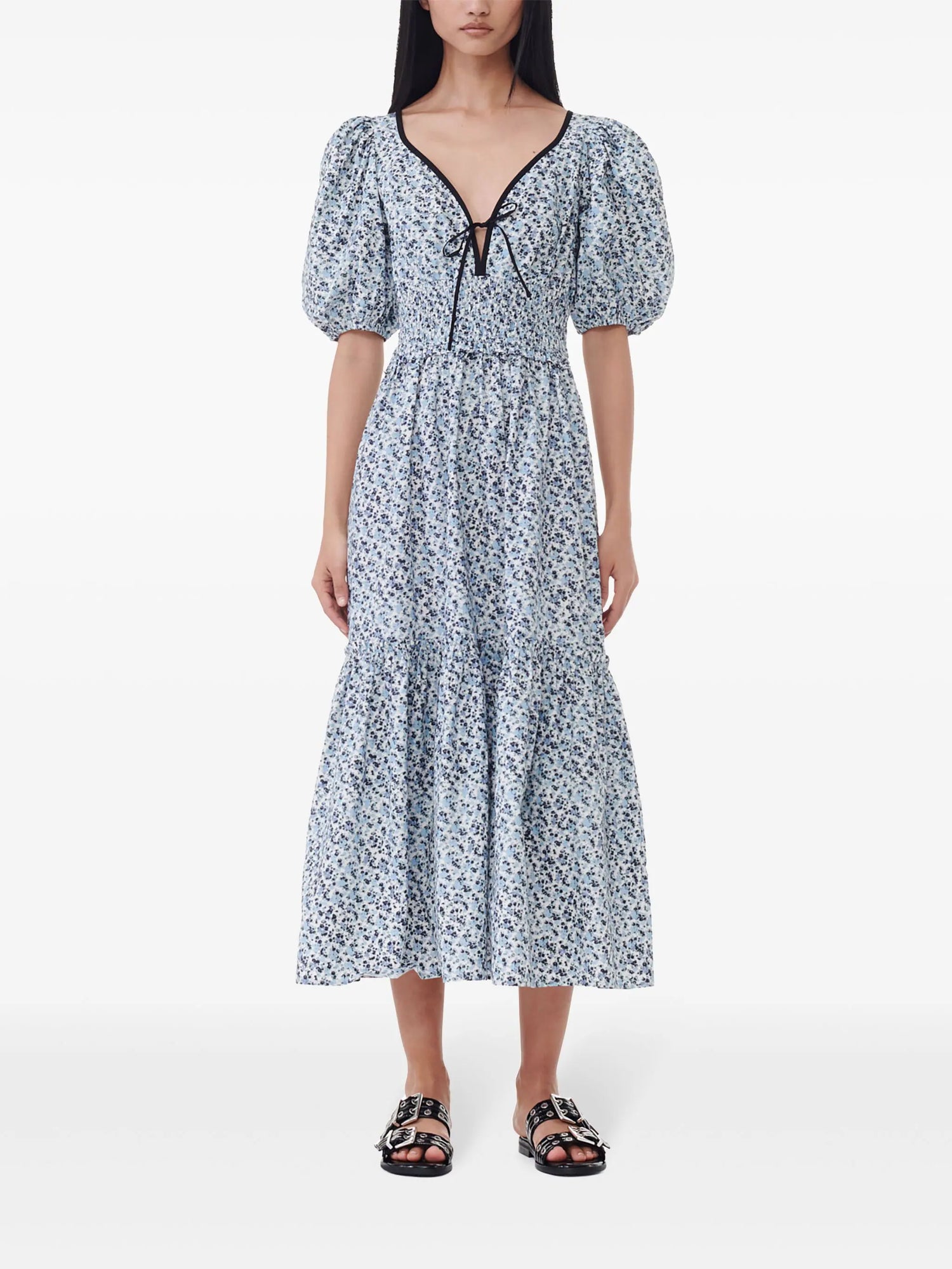 Printed Cotton Long Smock Dress, blue