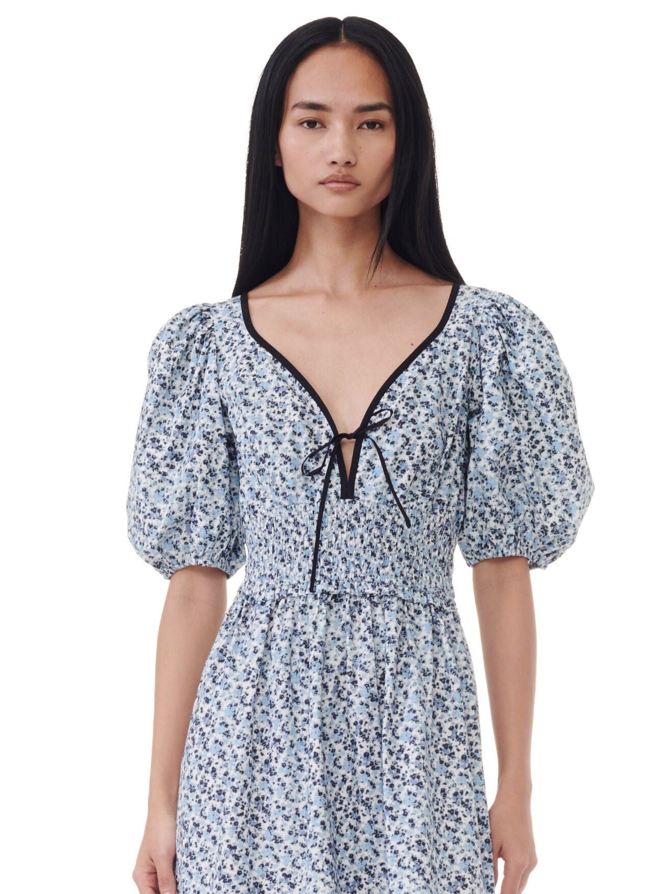 Printed Cotton Long Smock Dress, blue