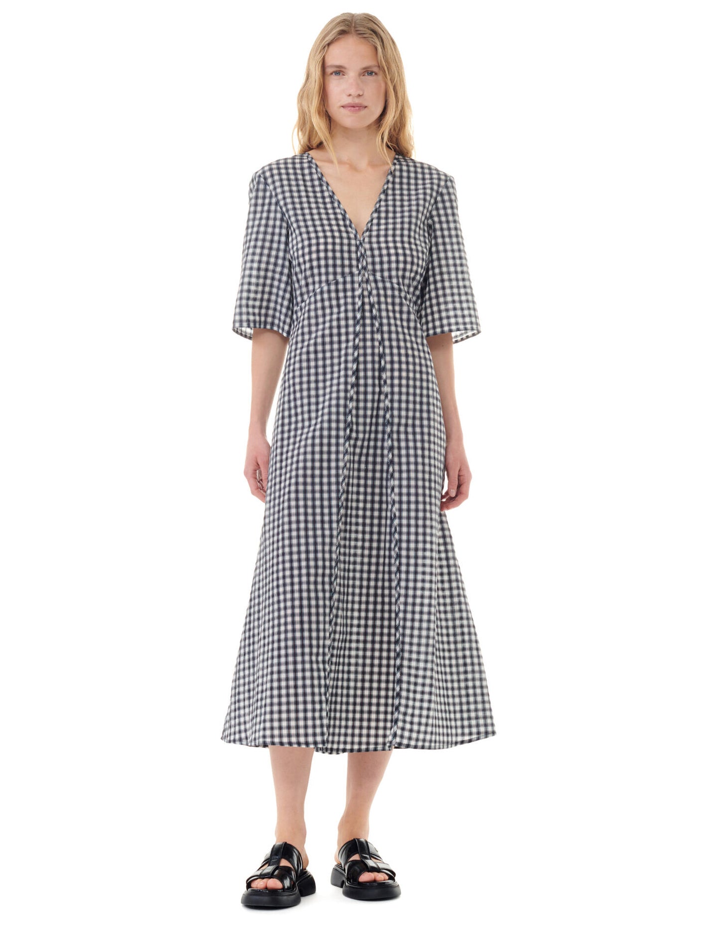 Seersucker Check V-neck Long Dress, multicoloured