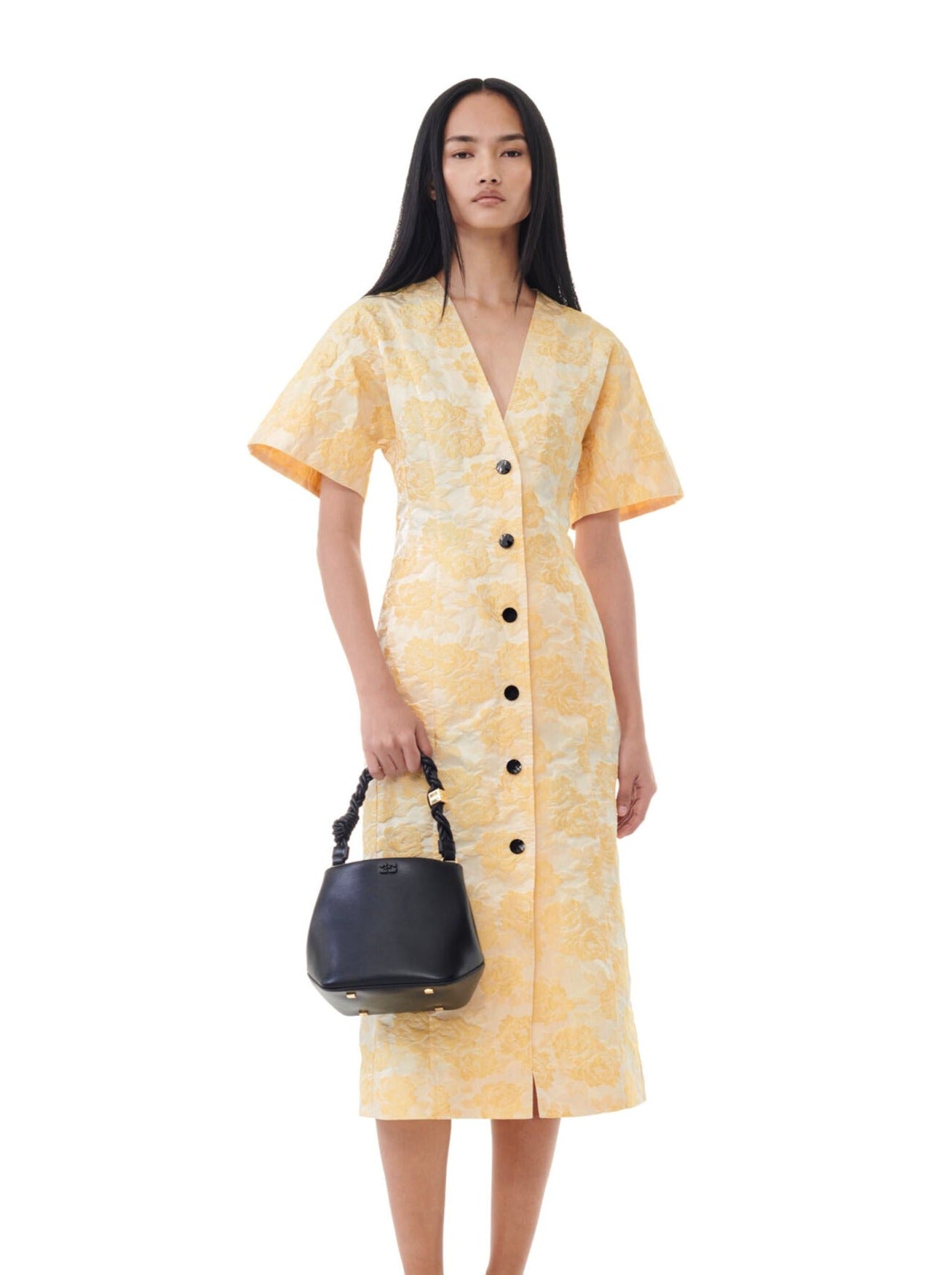 Botanical Jacquard Midi Dress, yellow