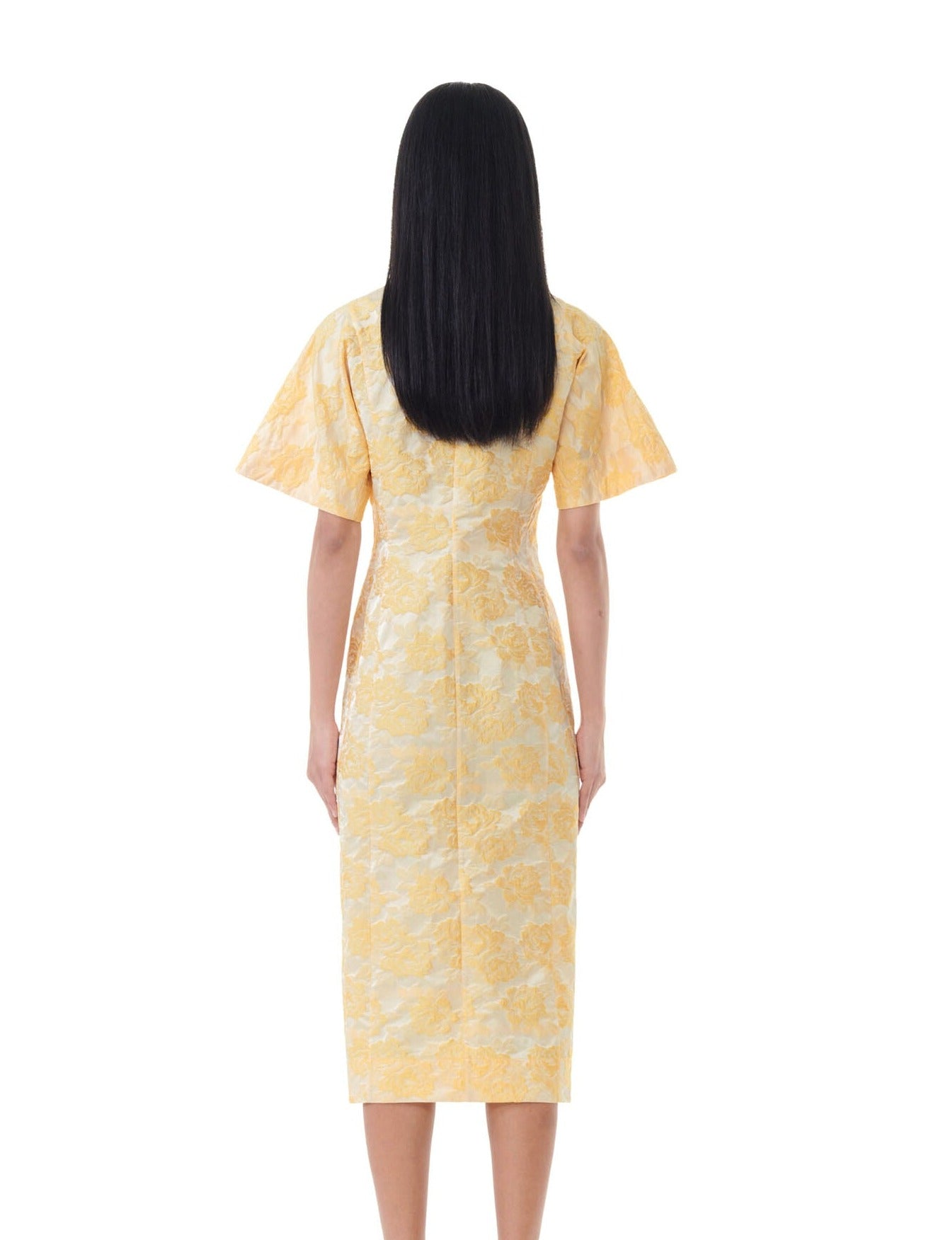 Botanical Jacquard Midi Dress, yellow