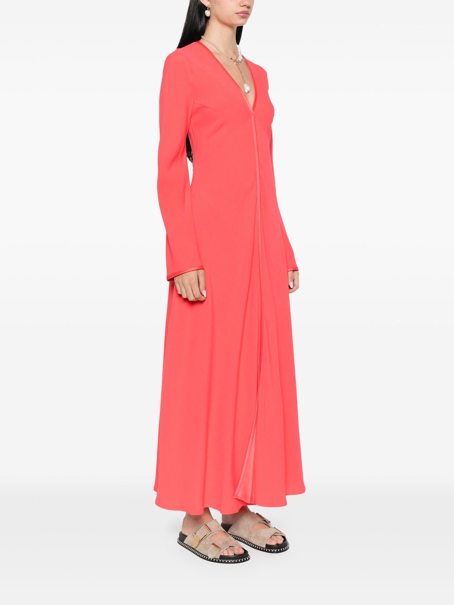 Envers satin long sleeves dress, cerise