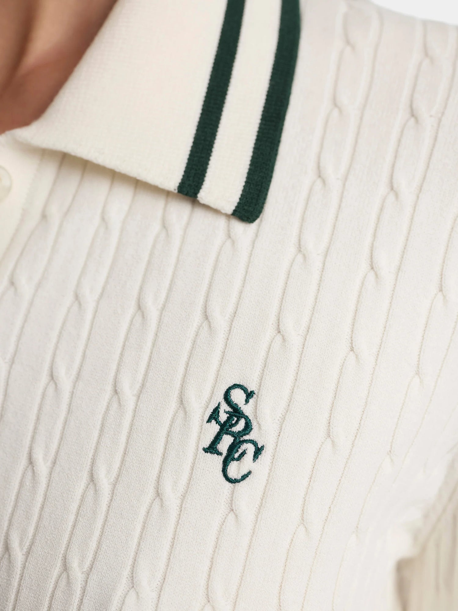 SRC mini cable long-sleeve knitted polo, ecru-forest green