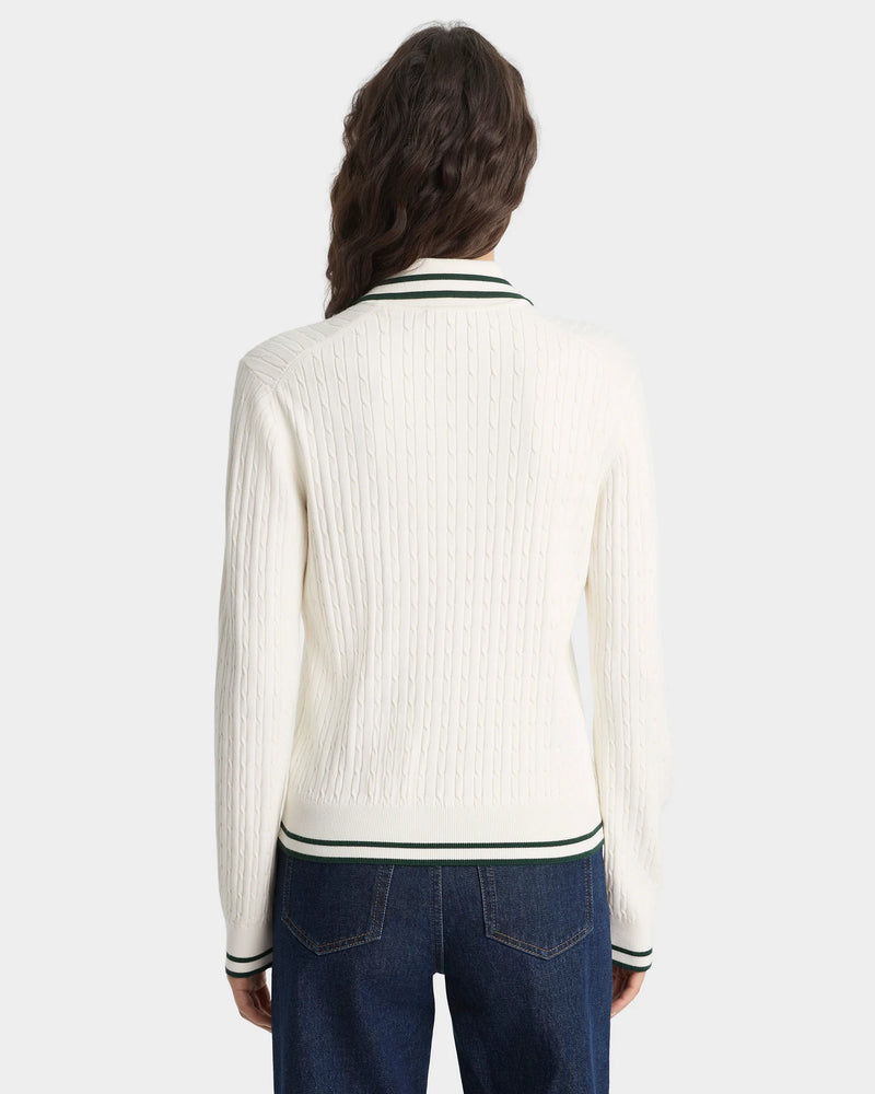 SRC mini cable long-sleeve knitted polo, ecru-forest green