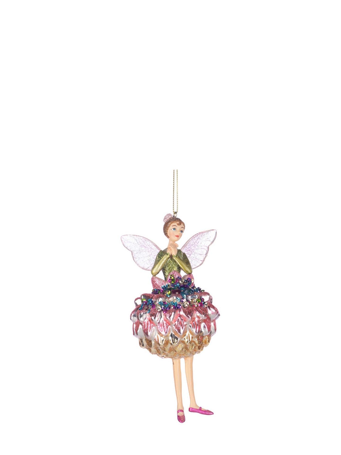 Flower fairy sequin glass ornament, blush