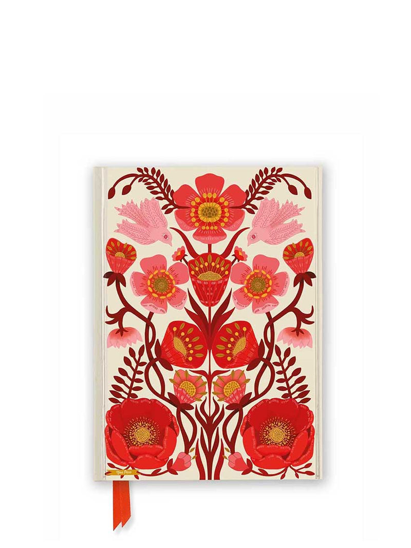 Notebook with red and pink floral design on a white background