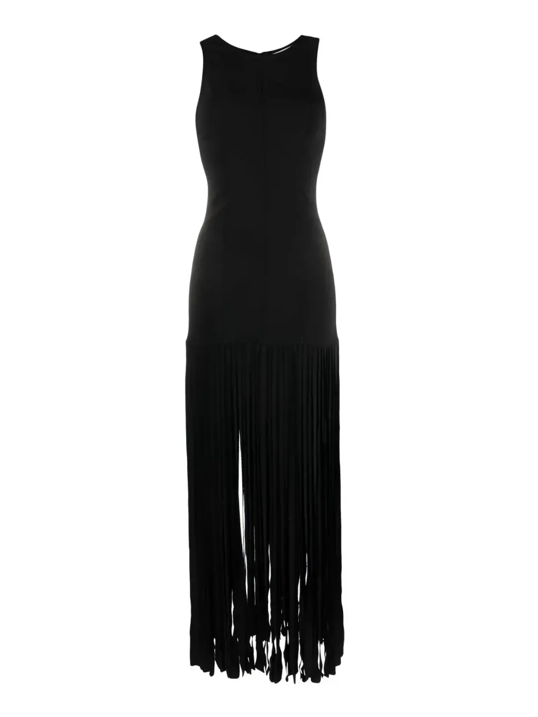Stretch cady crepe sleeveless fringed dress, black