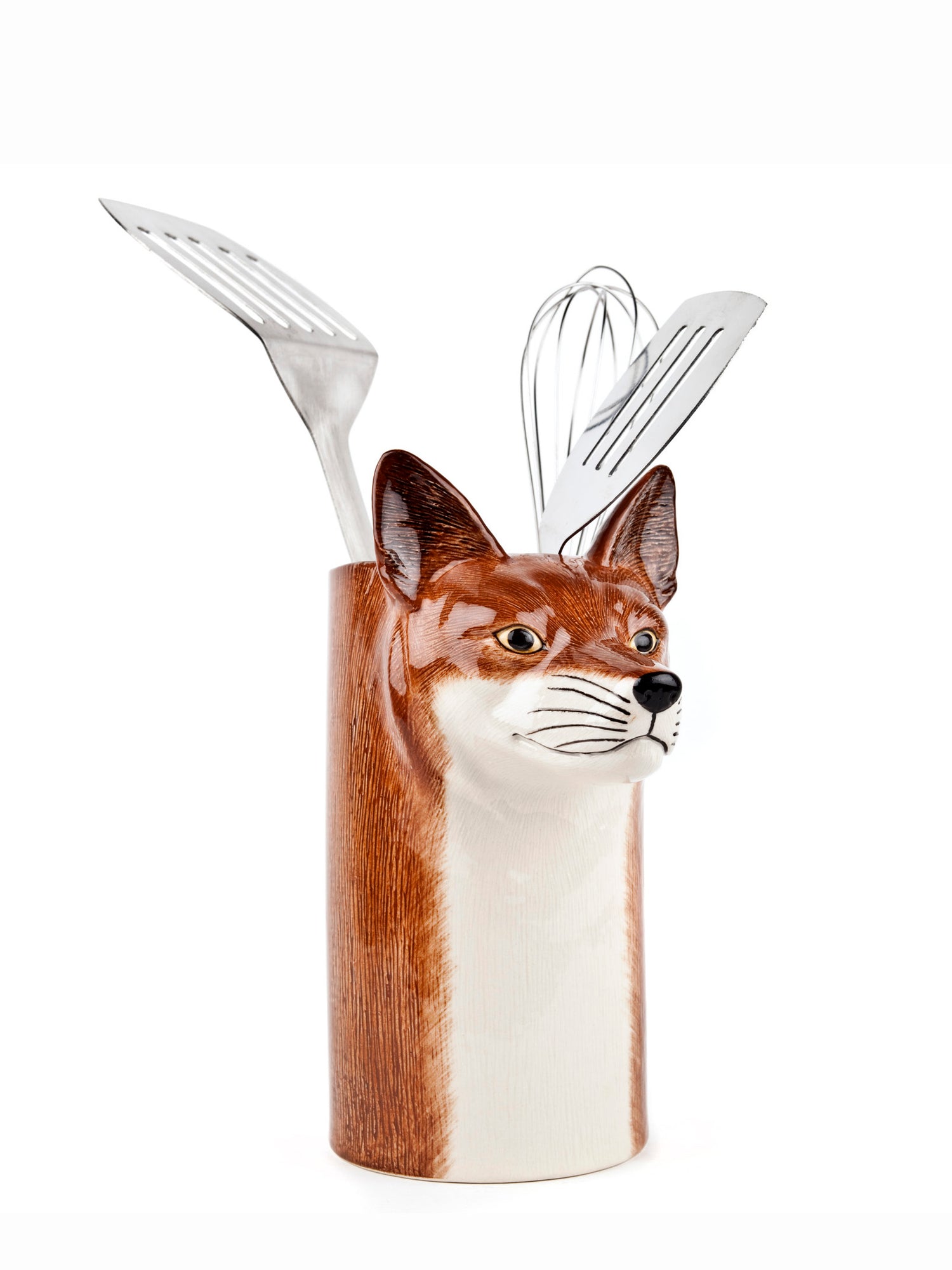 Fox-shaped kitchen utensil holder with spatulas on a white background