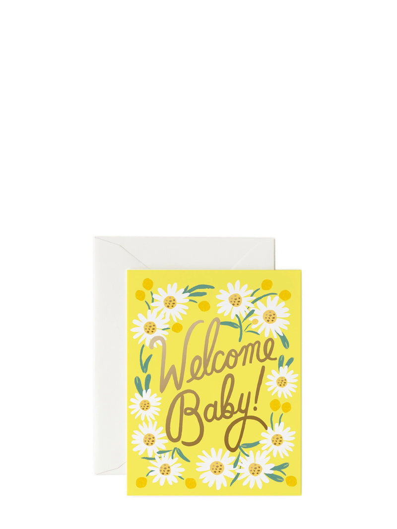 Greeting card with 'Welcome Baby!' text and floral design on a yellow background