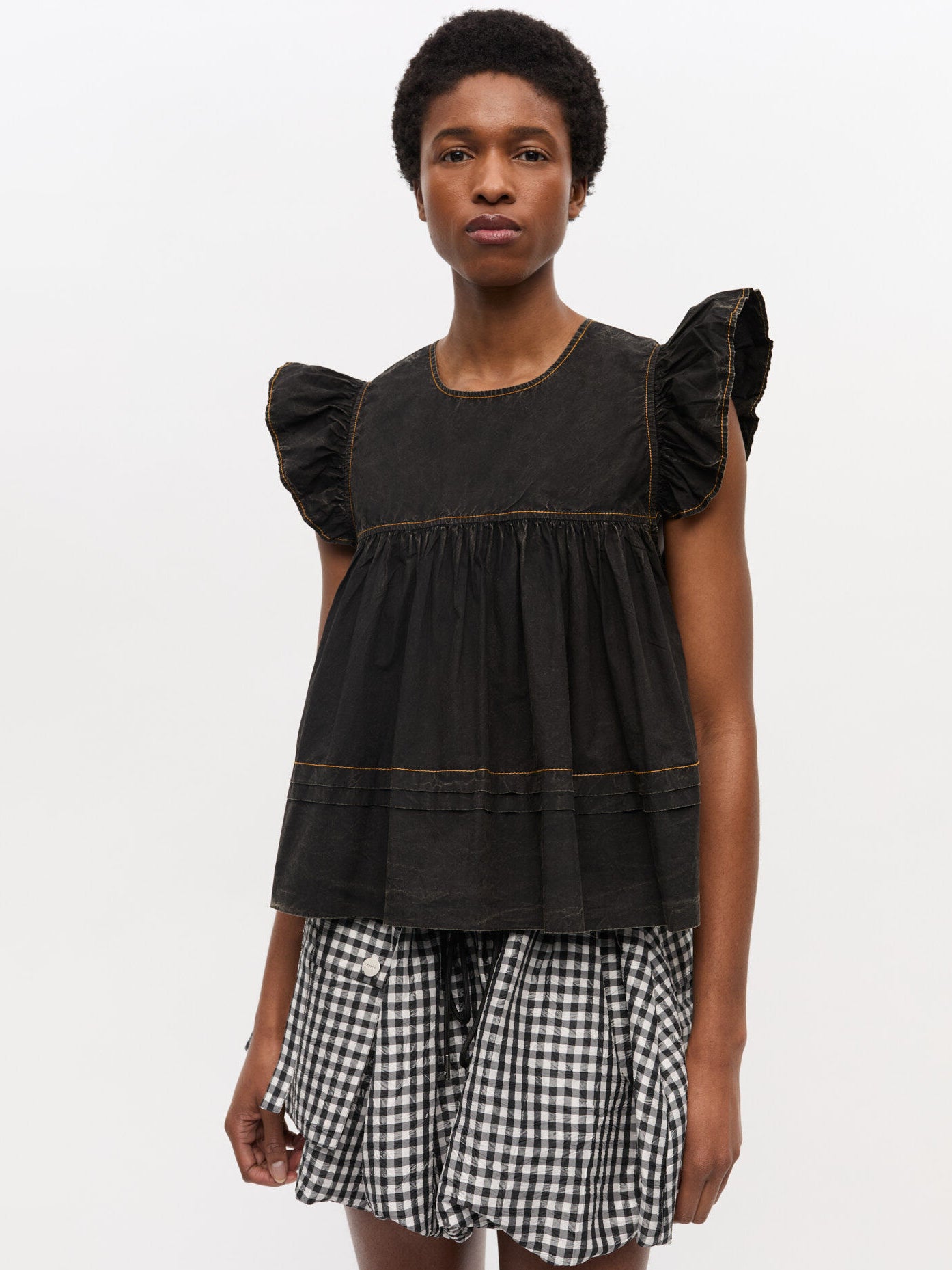 Garment Dyed Cotton Frill Sleeve Top, washed black